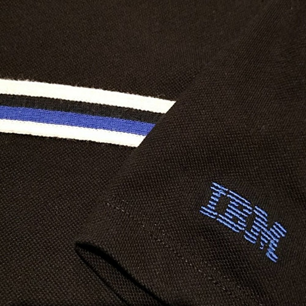 Vintage IBM Corporate Polo Shirt Large Black Blue Stripe USA MTI Made